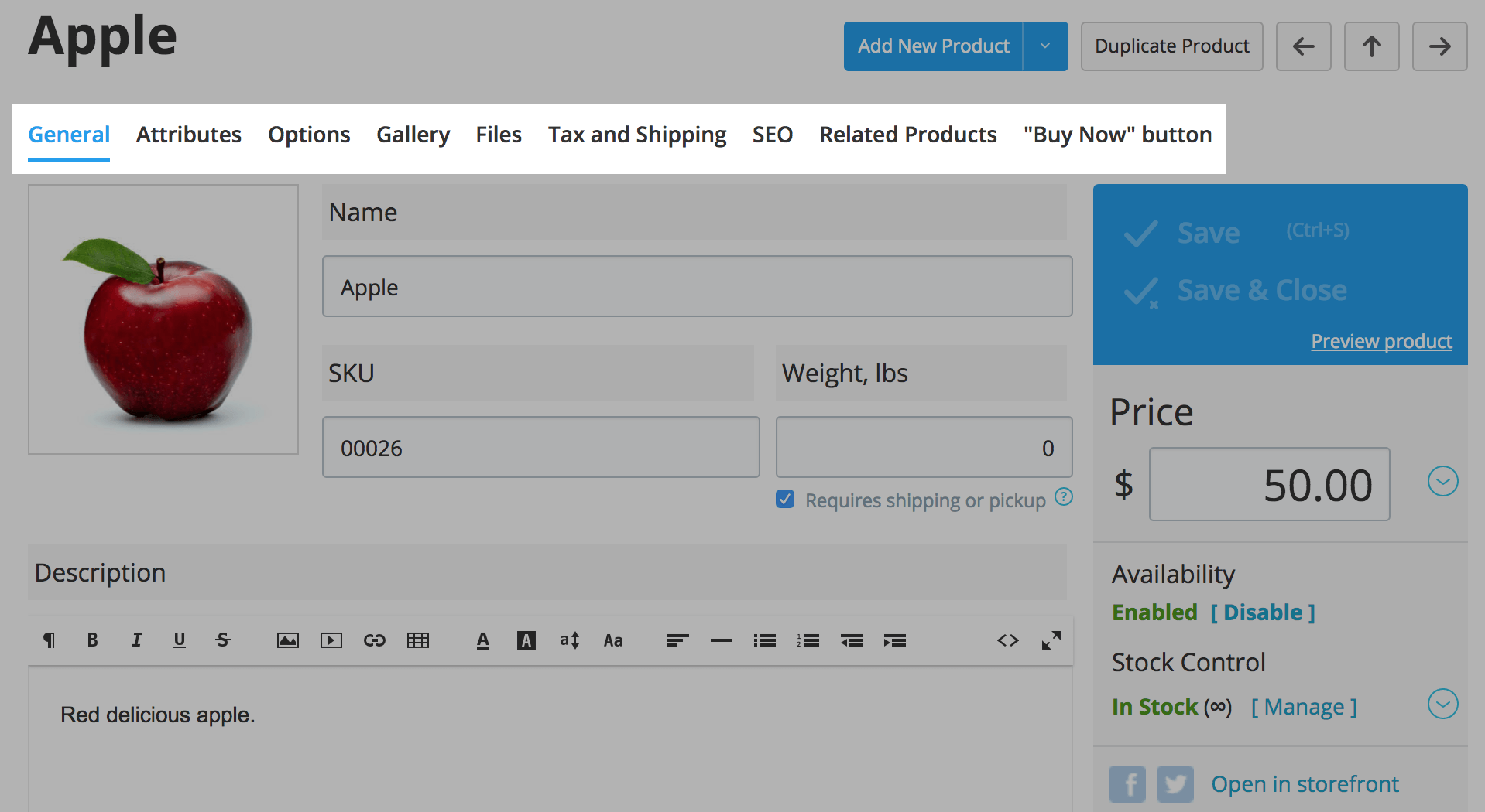 Product settings tabs in Ecwid Control Panel