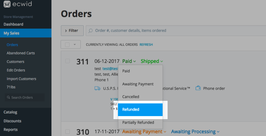 Set the order status to Refunded