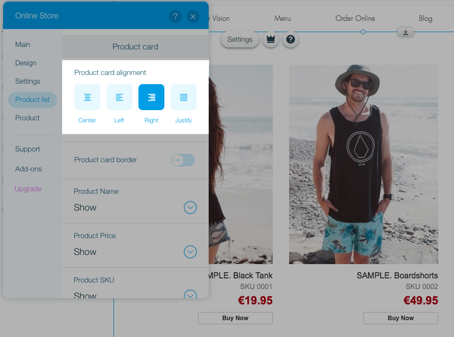 Définir l'alignement de la fiche produit