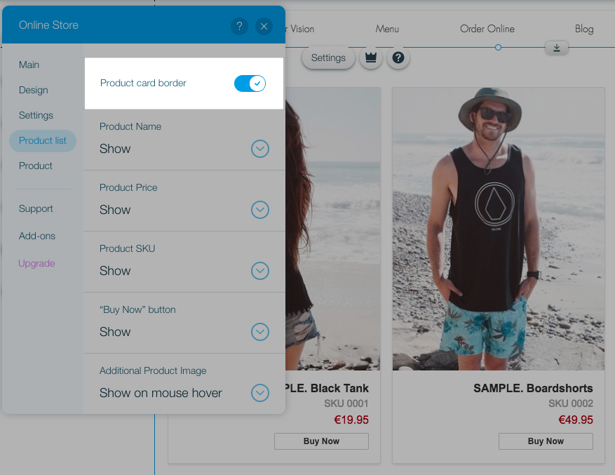 Show or hide the product card border