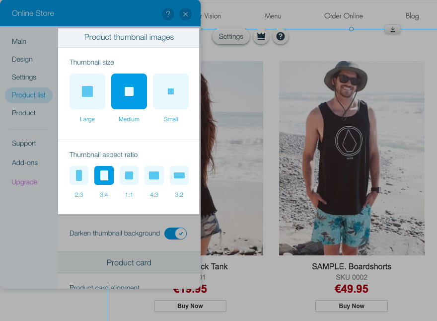 Select the thumbnails size and ratio