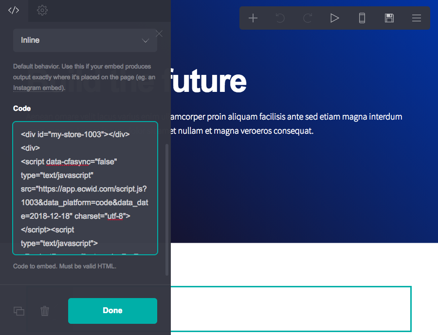 Coller un code Ecwid dans le champ Code