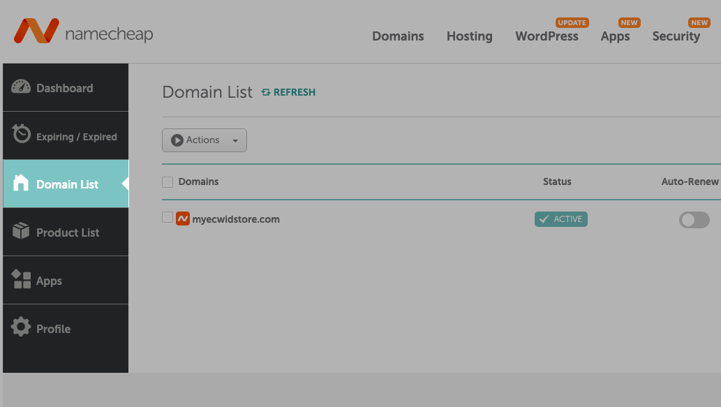 Accédez à la liste de domaines dans le compte NameCheap