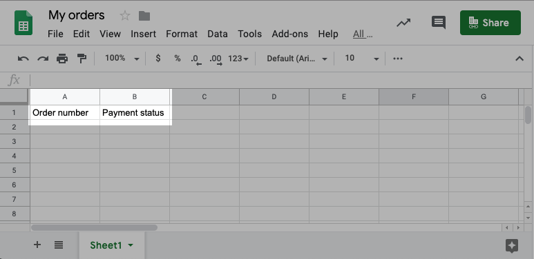 Columns in google sheet for orders