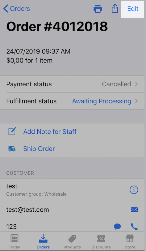 Supprimer des commandes sur l'application Ecwid pour iOS