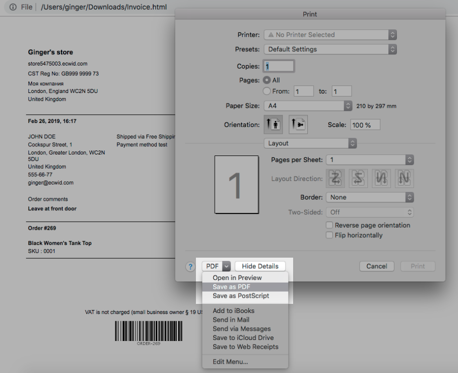 Enregistrer la facture au format PDF