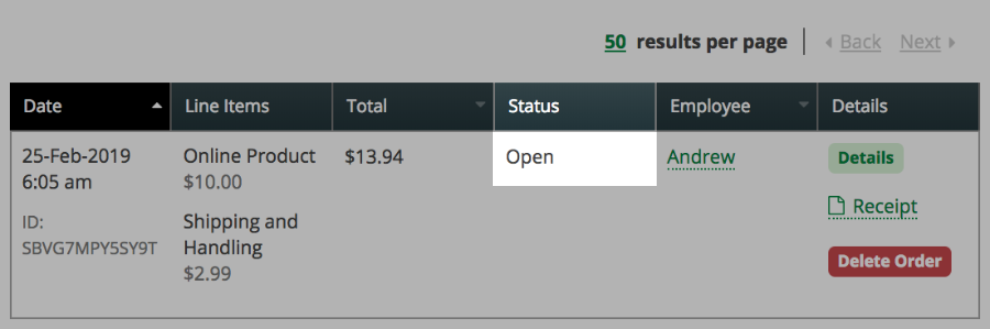 Estado del pedido abierto en Clover