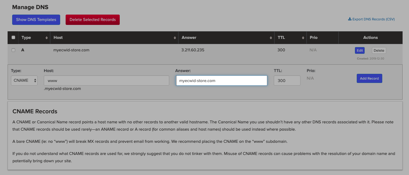 Création d'un enregistrement CNAME dans le compte Name.com