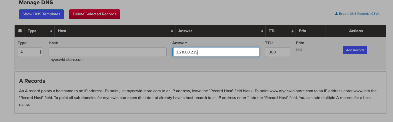 Ajout de l'adresse IP Ecwid au DNS dans le compte Name.com