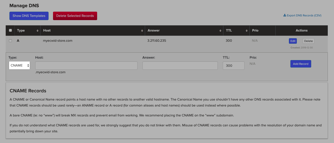Création d'un enregistrement CNAME dans le compte Name.com