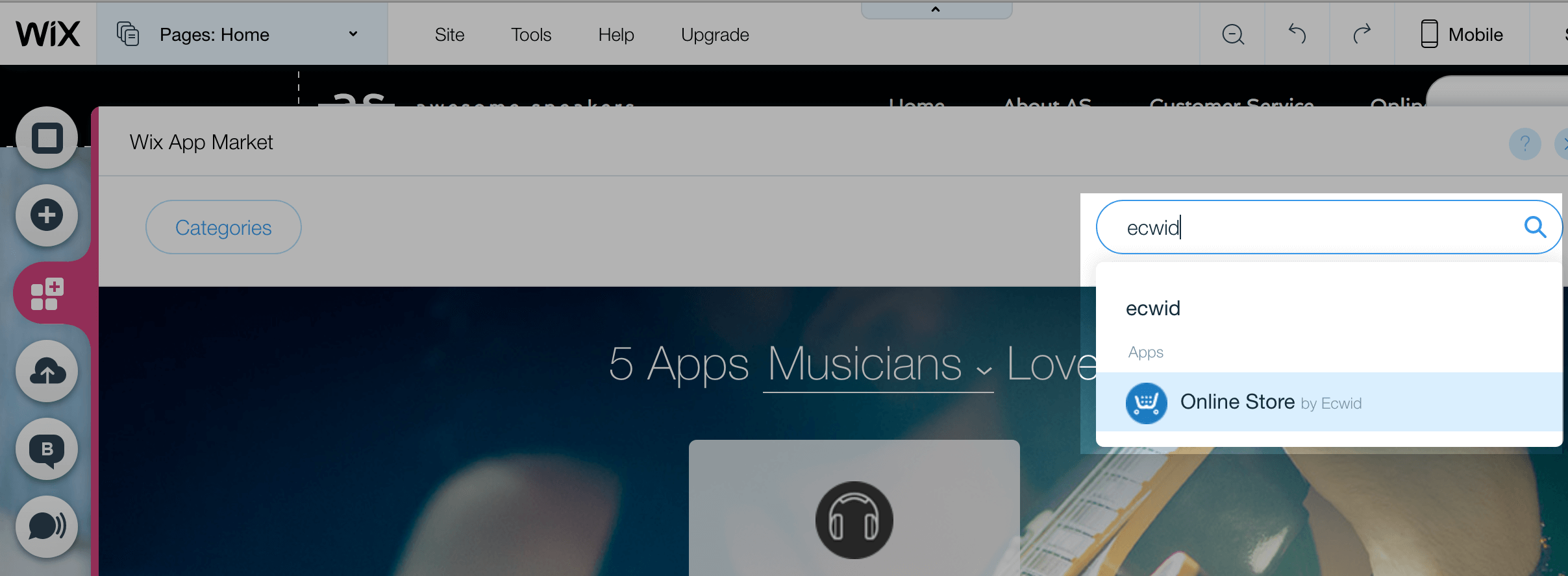 Buscar Ecwid en Wix App Market