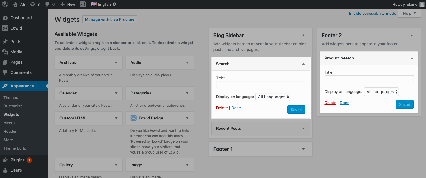 Section des widgets