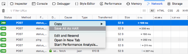 Option Enregistrer en tant que HAR dans Firefox