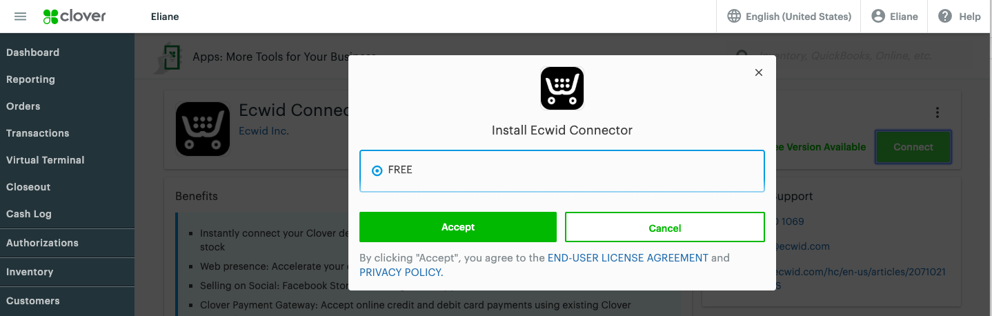 Abonnement gratuit Ecwid dans Clover