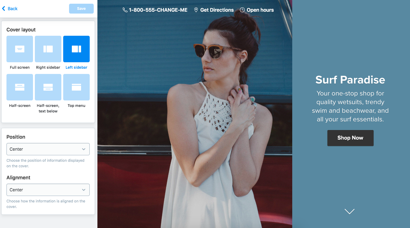Mise en page de couverture dans le site instantané Ecwid