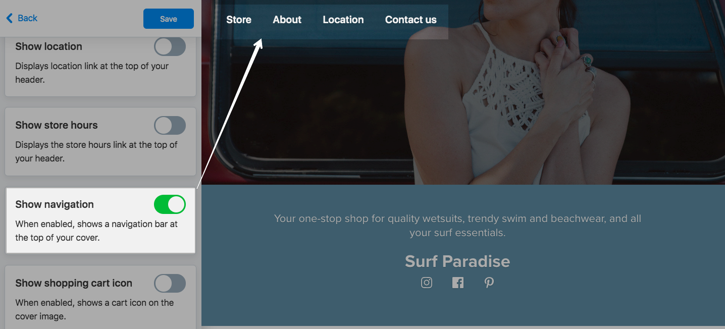 Afficher la navigation dans le Menu supérieur du site instantané