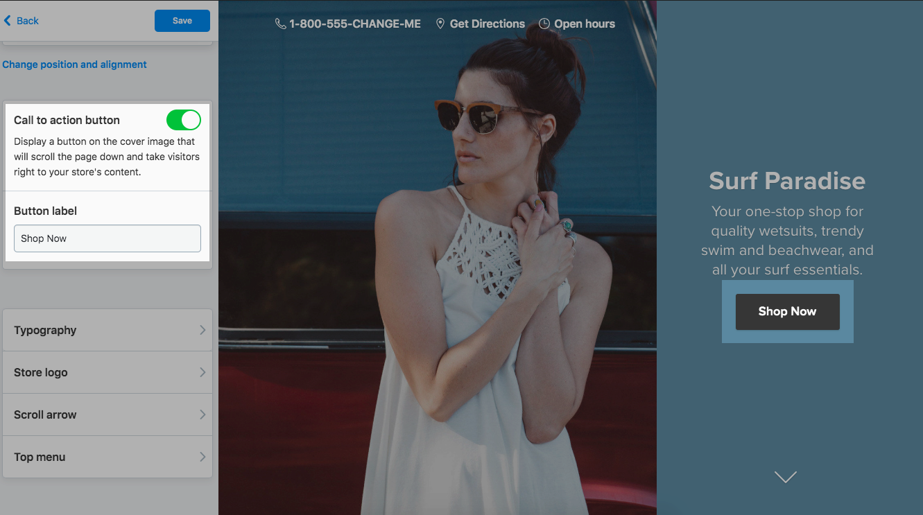 Bouton d'appel à l'action dans la couverture du site instantané