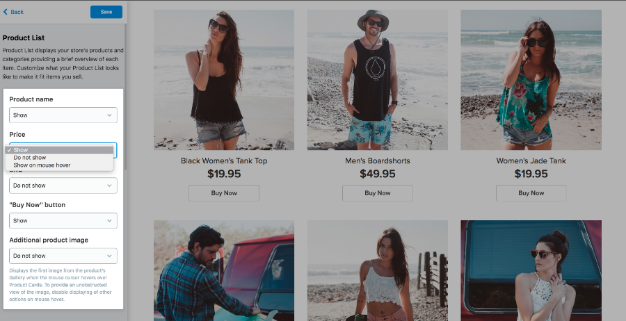 Paramètres de la liste des produits dans la boutique Ecwid