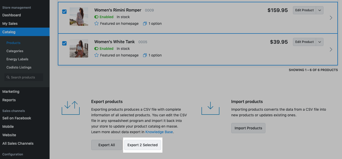 Exporter les produits sélectionnés à partir de la boutique Ecwid
