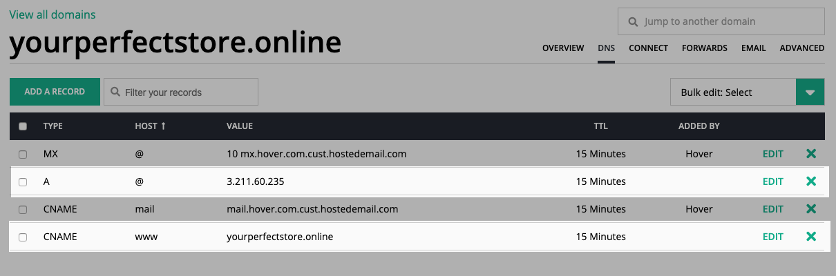 Enregistrement A et CNAME dans le compte Hover
