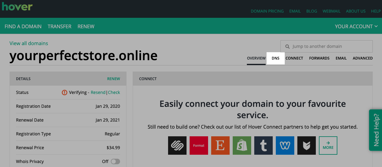Paramètres DNS dans le compte Hover