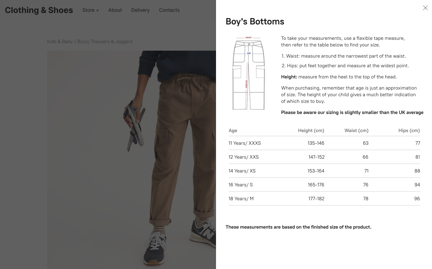 Ein Größentabellen-Pop-up auf einer Produktseite