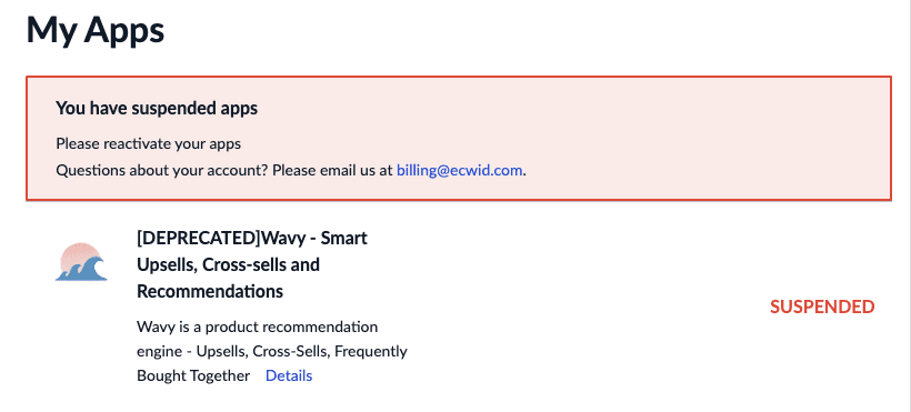 An example of a deprecated app in the Ecwid admin