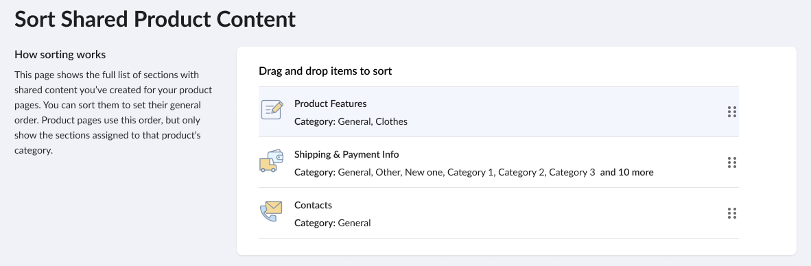 Sorting page with content sections