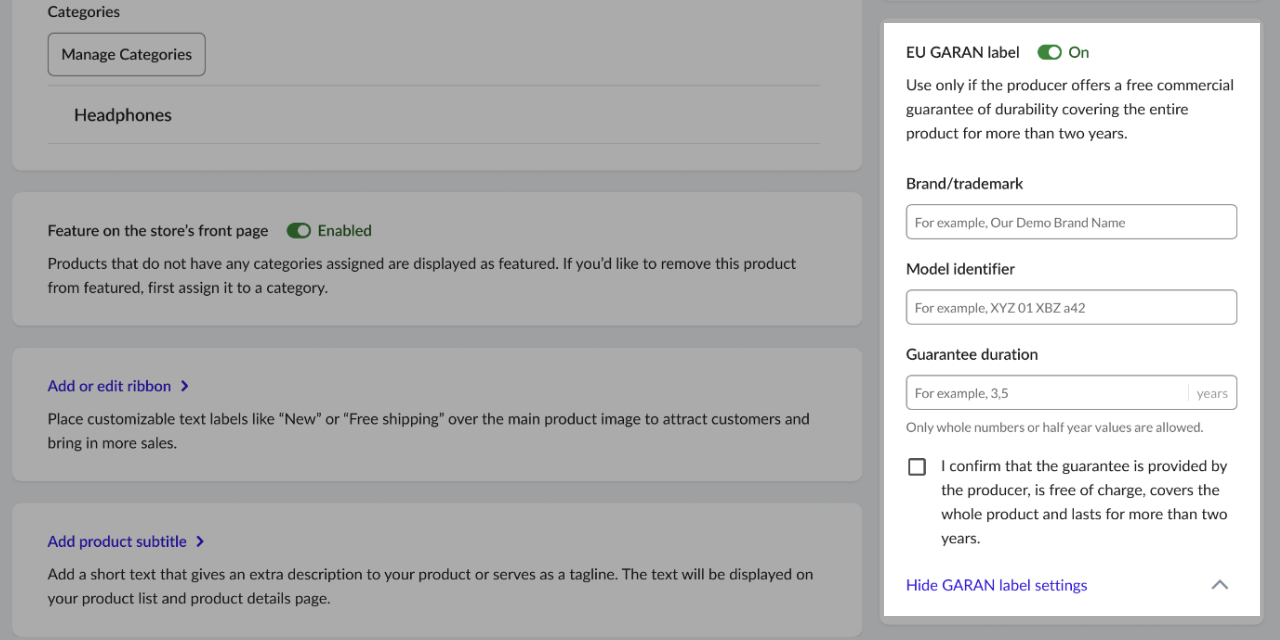 The EU GARAN label block highlighted on a product editing page.png