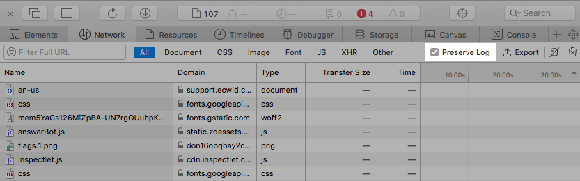 Safari Network tab
