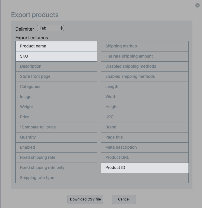 Ecwid products export settings