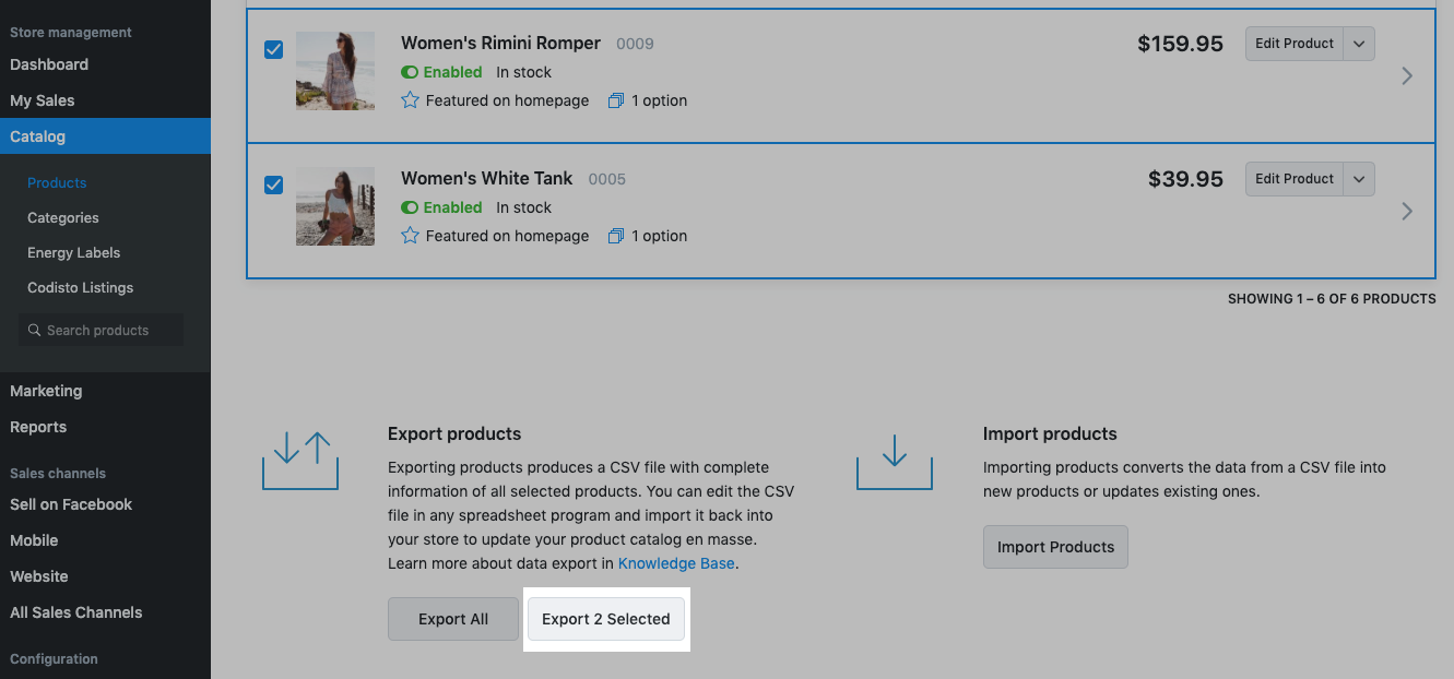 export selected products from ecwid store