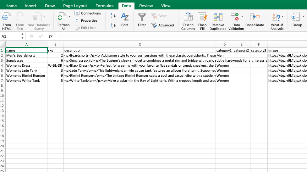 IExample of a CSV file opened in Excel
