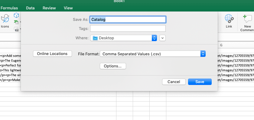Save a file as .csv in Excel