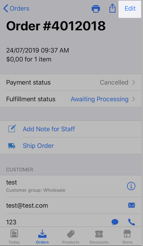 Eliminare gli ordini nell'app Ecwid per iOS
