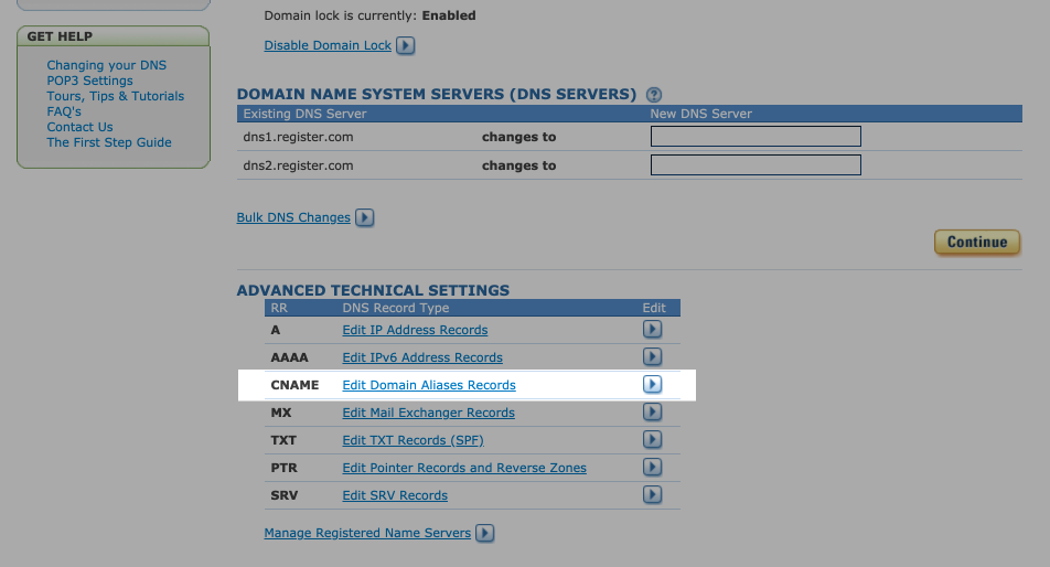 Add new CNAME at register.com