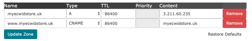 TsoHost domain DNS records for Ecwid Instant site