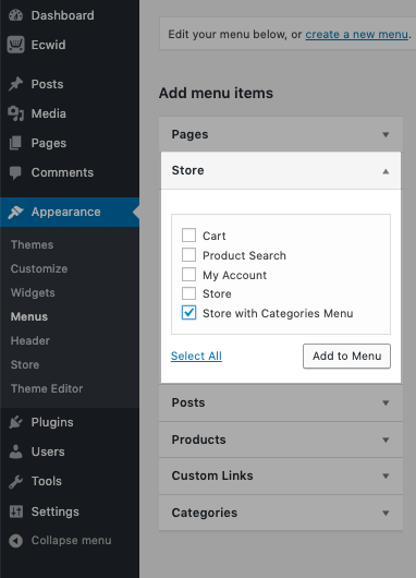 Store with Categories Menu