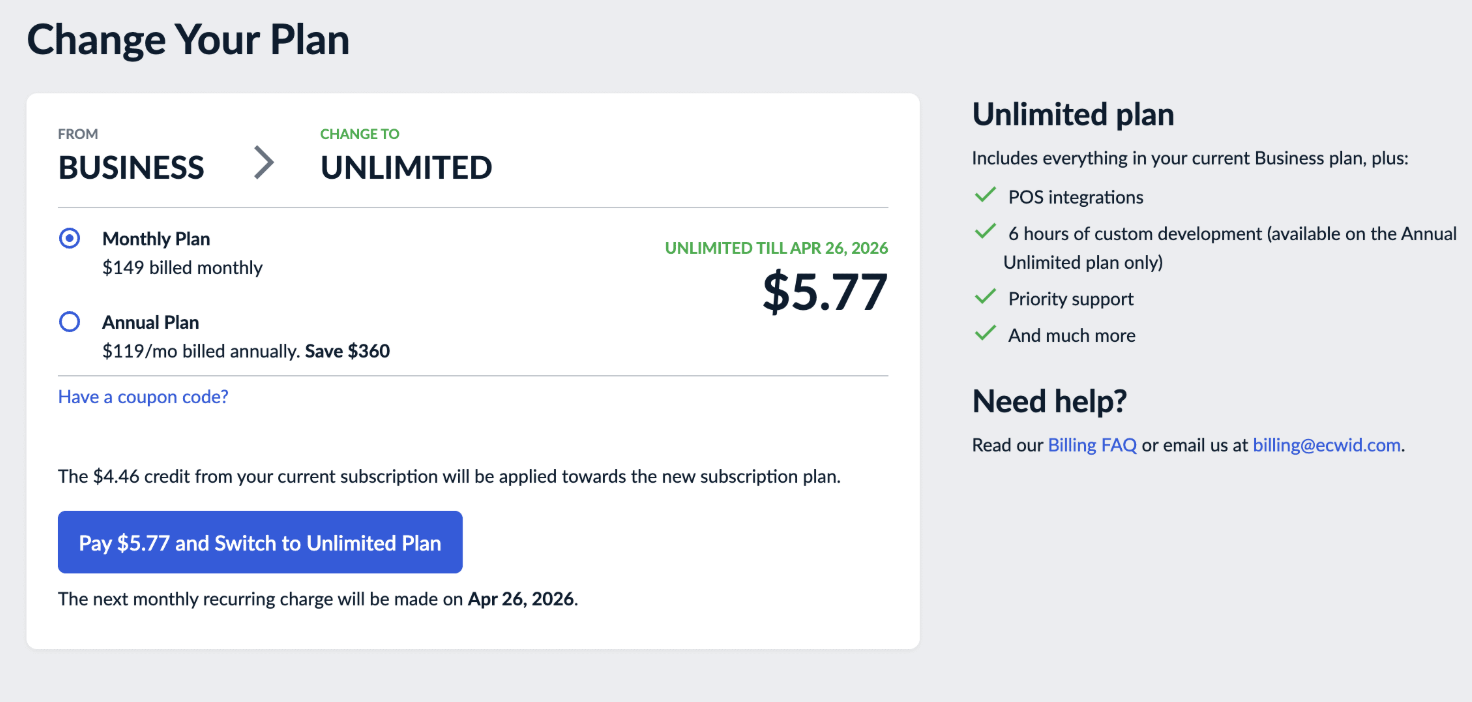 Upgrading or downgrading a paid plan – Ecwid Help Center